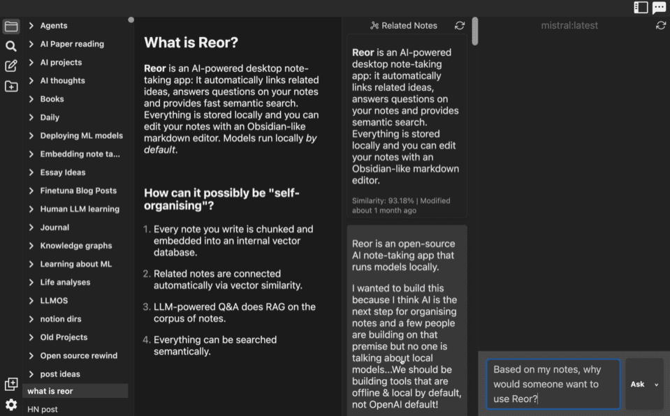 Reor：AI个人知识管理工具，自动链接、语义搜索和AI闪卡