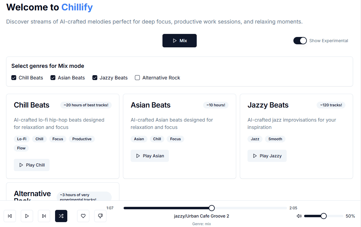 Chillify：AI音乐电台，提供放松音乐和舒缓氛围的纯音乐-1