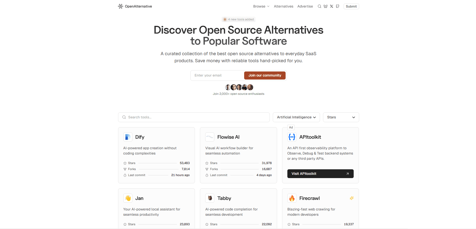 OpenAlternative：精选常用SaaS产品的开源软件替代方案，寻找最佳开源替代方案