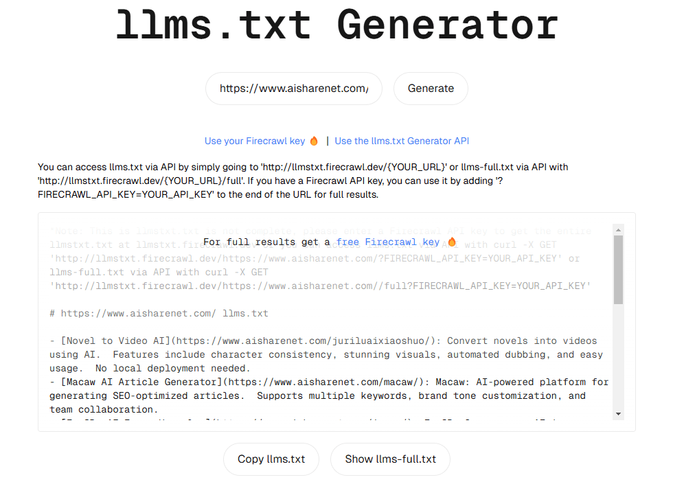 llms.txt Generator：快速抓取网站内容并，生成LLM训练文本数据集-1