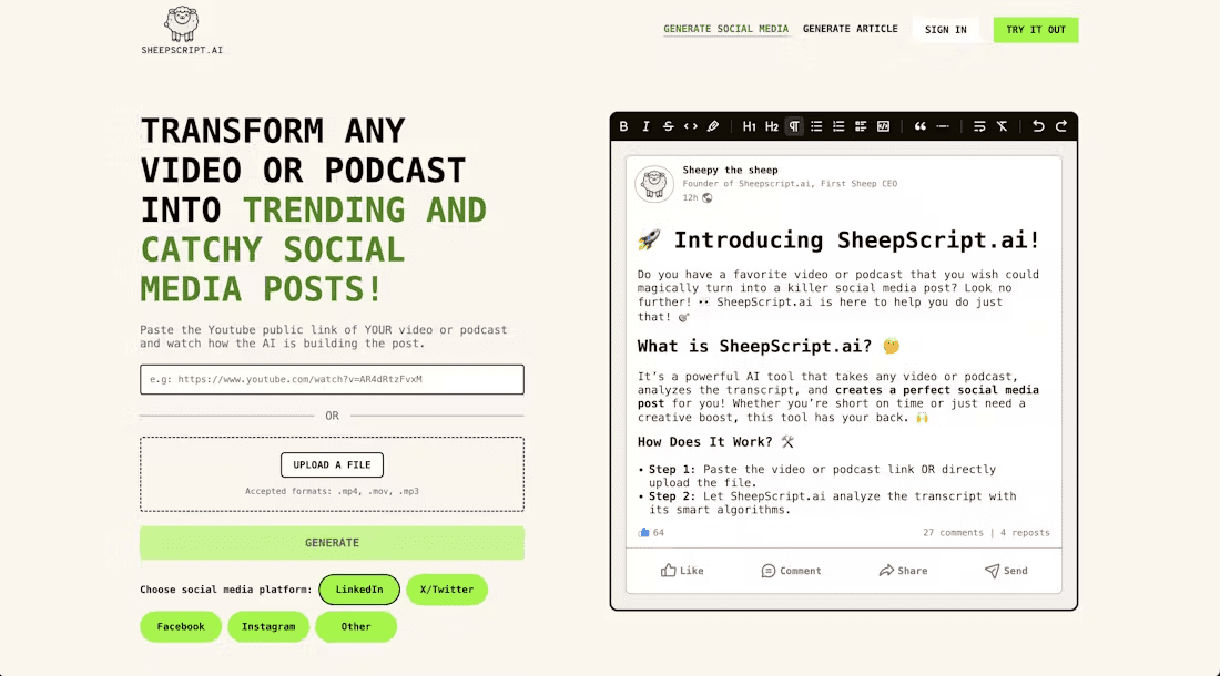 Sheepscript.AI：将视频和播客转化为社交内容，提升内容传播效率-1