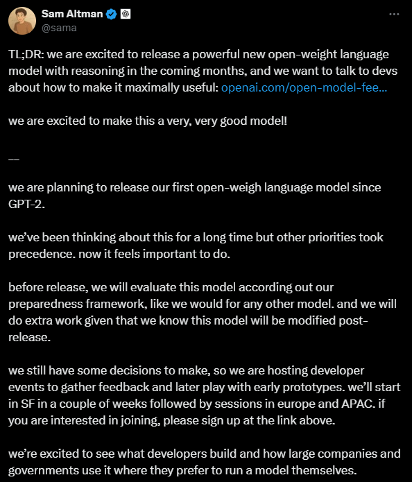自GPT2后，OpenAI 计划发布新的开源权重模型-1